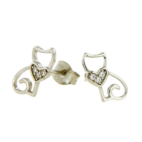 Ohrstecker Silber 925 rhodiniert Katze mit Herz Zirkonia