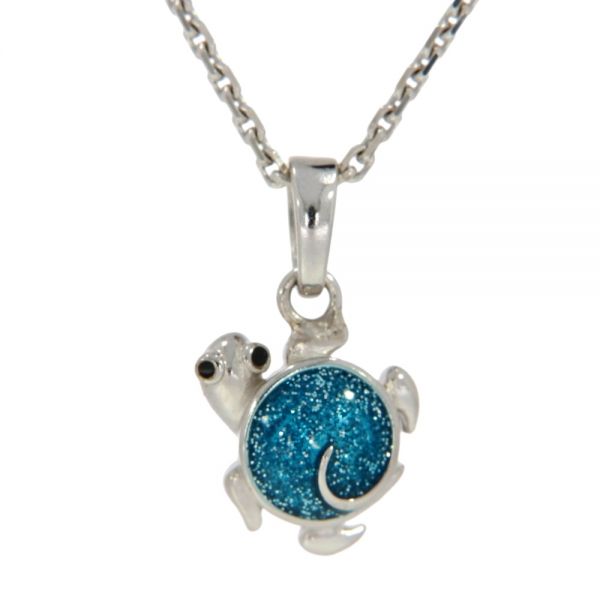 Anhänger Silber 925 rhodiniert Schildkröte glitzerblau lackiert