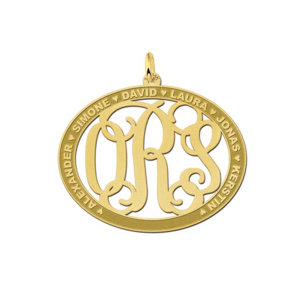 Names4ever Anhänger Gold 585 oval Monogramm mit Rand-Gravur 37x30 mm